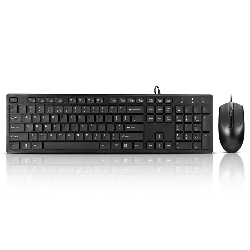 Black Wired Ergonomic Keyboard Optical Mouse Combo FullSize USB Desktop