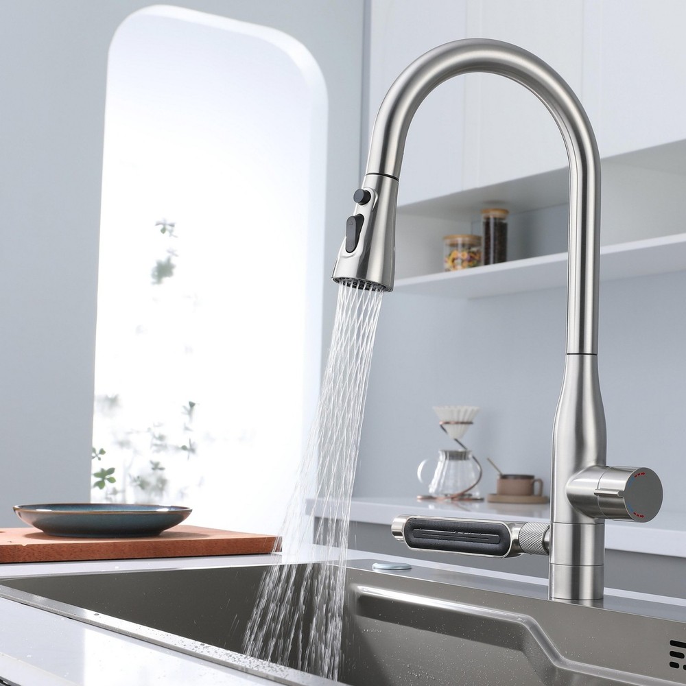 Stainless Steel Waterfall Kitchen Faucet with Pull Down Sprayer, 3 Spray Modes