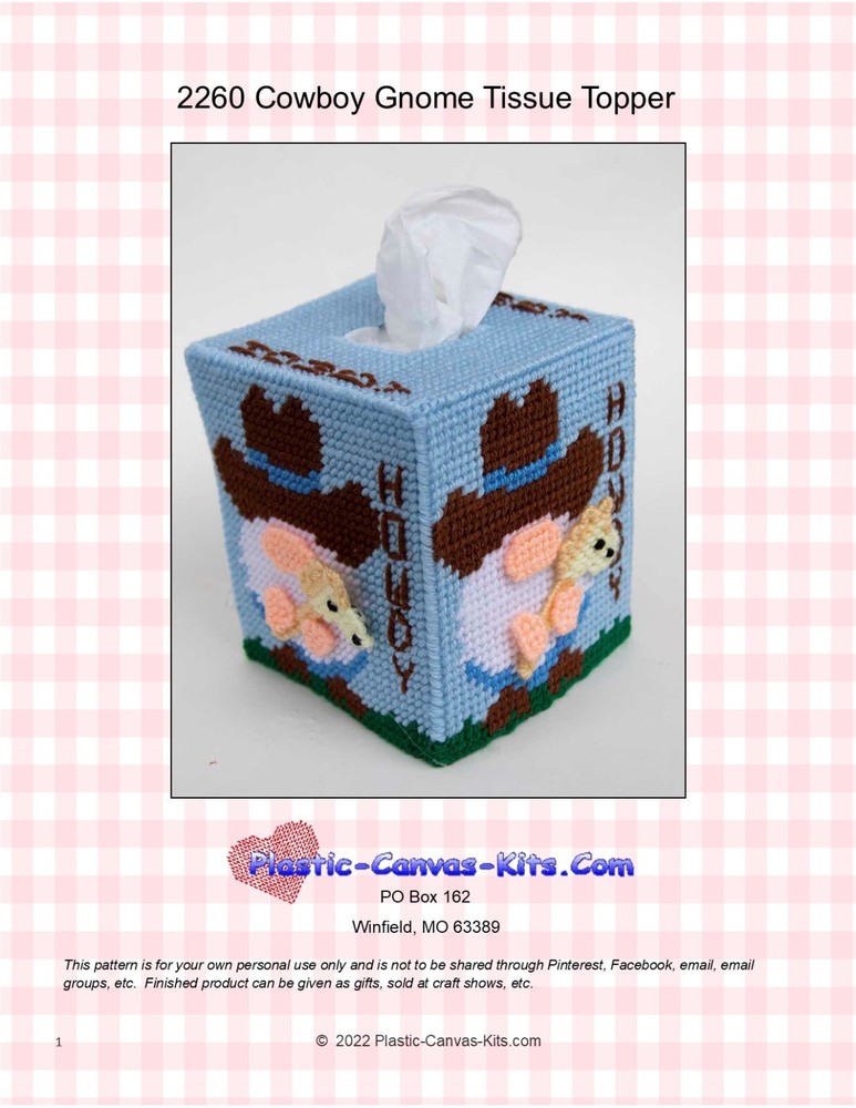 Cowboy Gnome Tissue Topper-Plastic Canvas Pattern or Kit