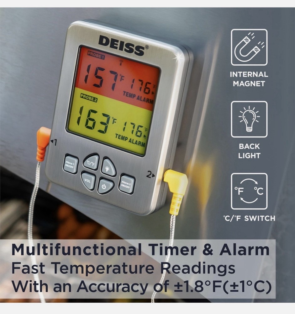 DEISS Wireless Meat Thermometer Dual Probe Bluetooth BBQ Grill Oven TimerApp New