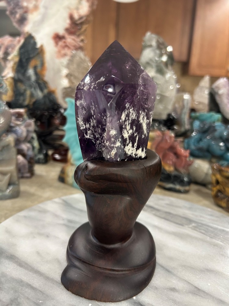 Amethyst quartz point with custom wood stand