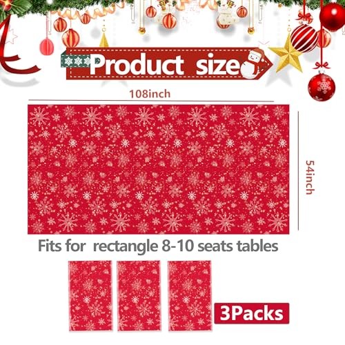 3 Pcs Tablecloth,Red Snowflake Rectangular Plastic Christmas Snowflake