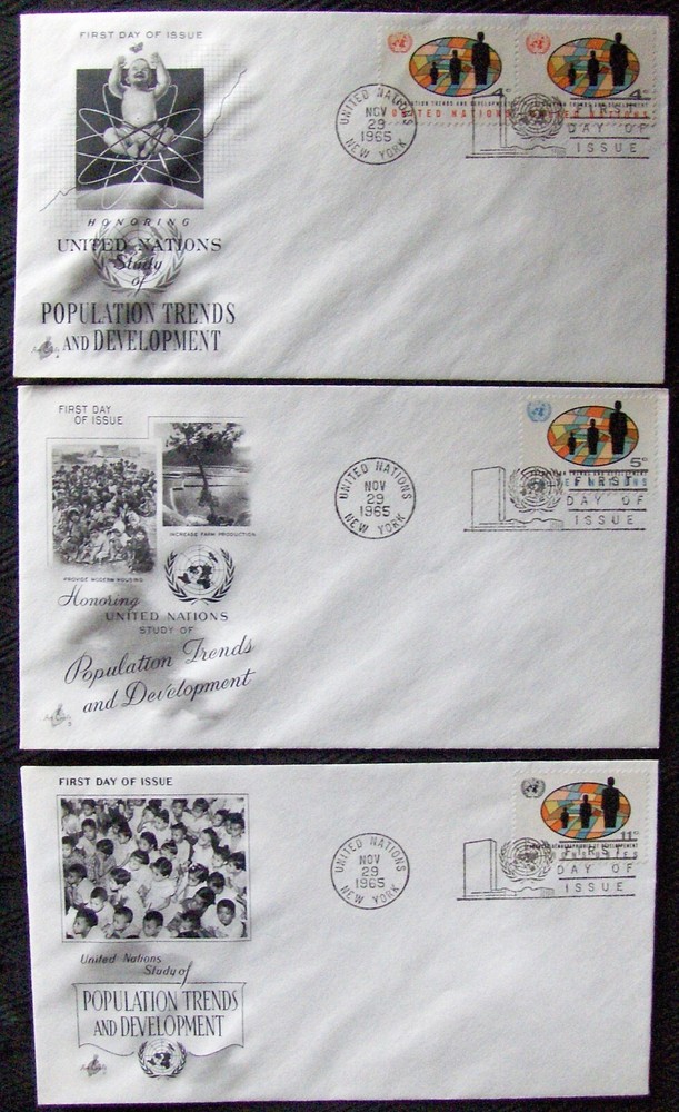 UN 3 different FDC POPULATION TRENDS and DEVELOPMENT, NY  1965.