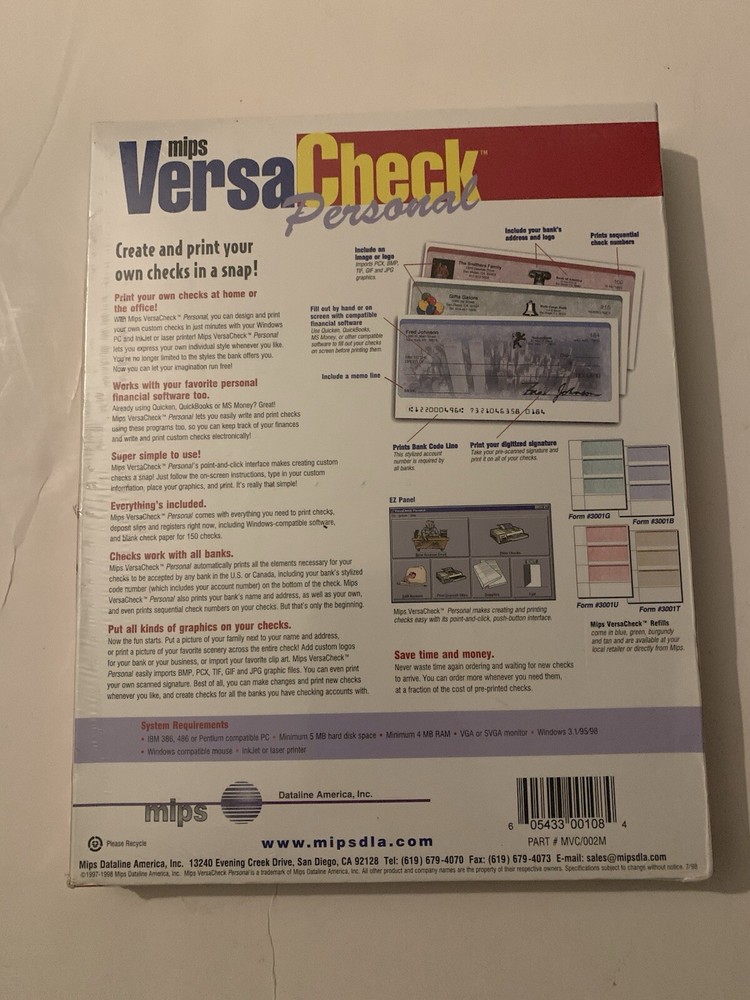 VersaCeck Check Personal 1998 w/ Blank Checks PC CD Print templates program New