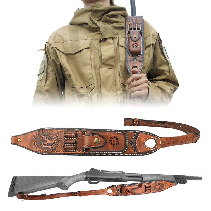 Tourbon Retro Leather Rifle Sling Gun Ammo Carrying Strap w/Knife Sheath Pocket
