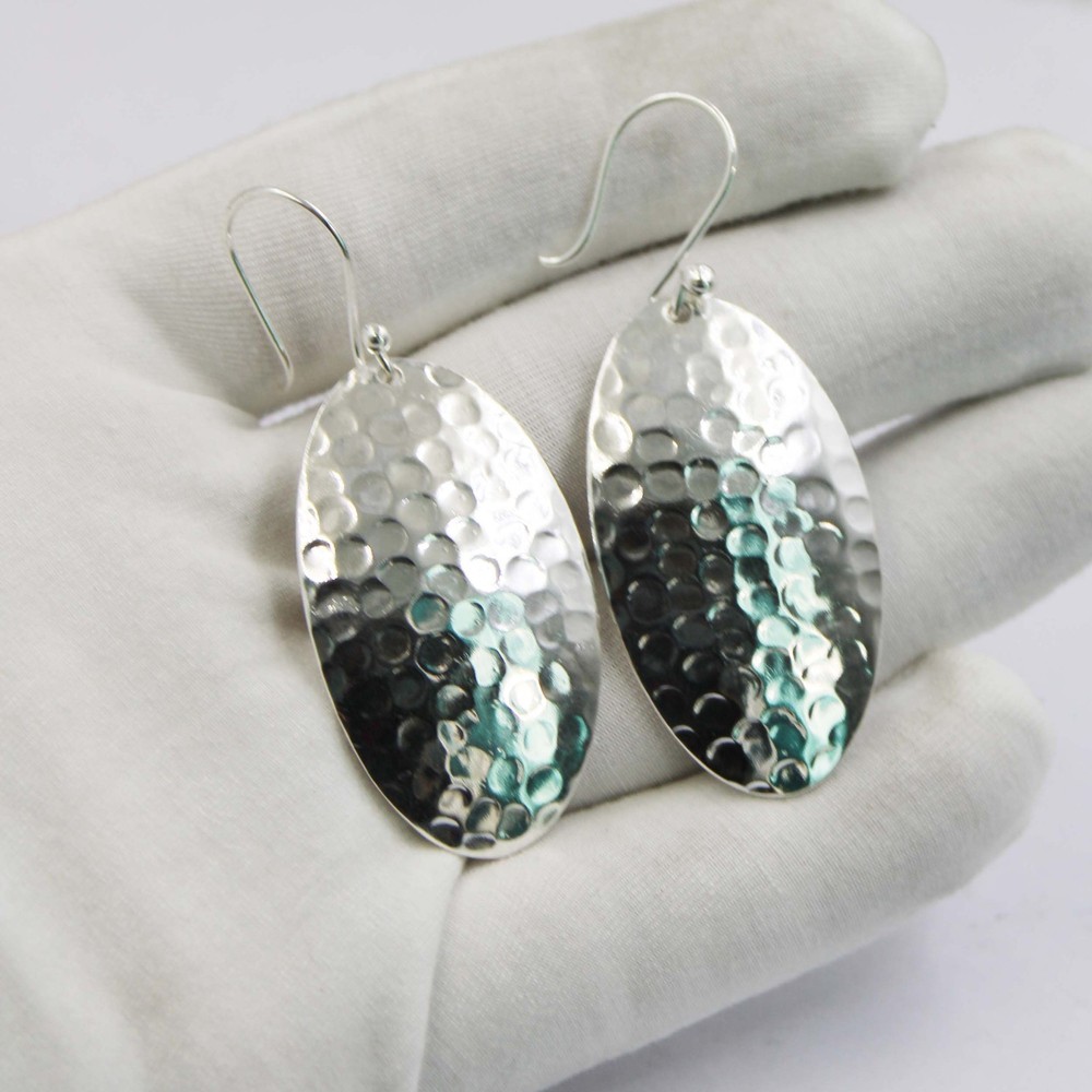 Solid 925 Sterling Silver Hammered Oval Dangle Drop Earrings Textured Handmade