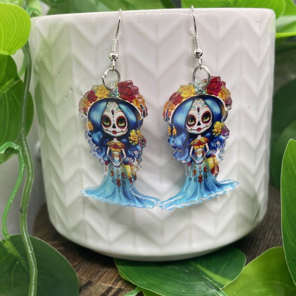 2.5” Silver-tone Sugar Skull Boho Drop Dangle Earring Set New Free Ship B7964