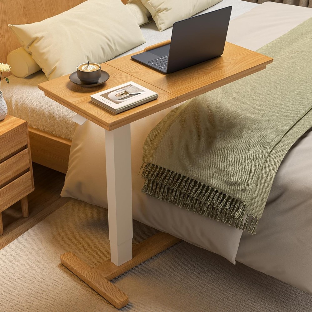 Solid Wood Overbed Bedside Table W/ Hidden Casters Adjustable Hospital Bed Table