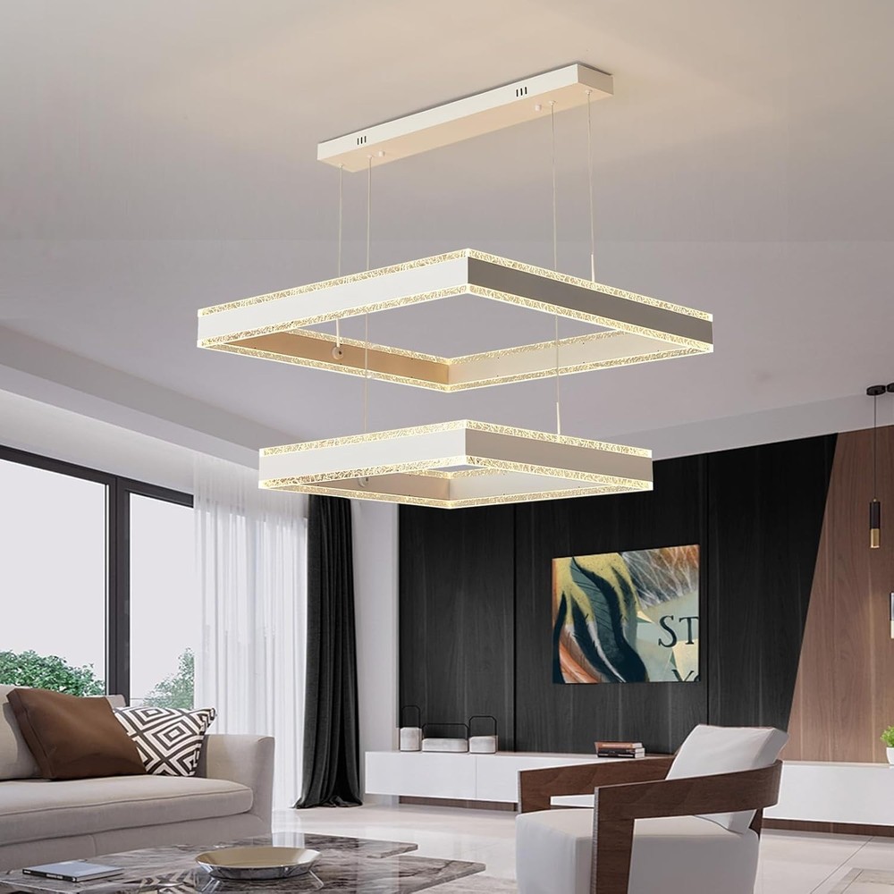 Modern Square 2-Ring LED Chandelier White Dimmable Ceiling Light w/ Remote Fix
