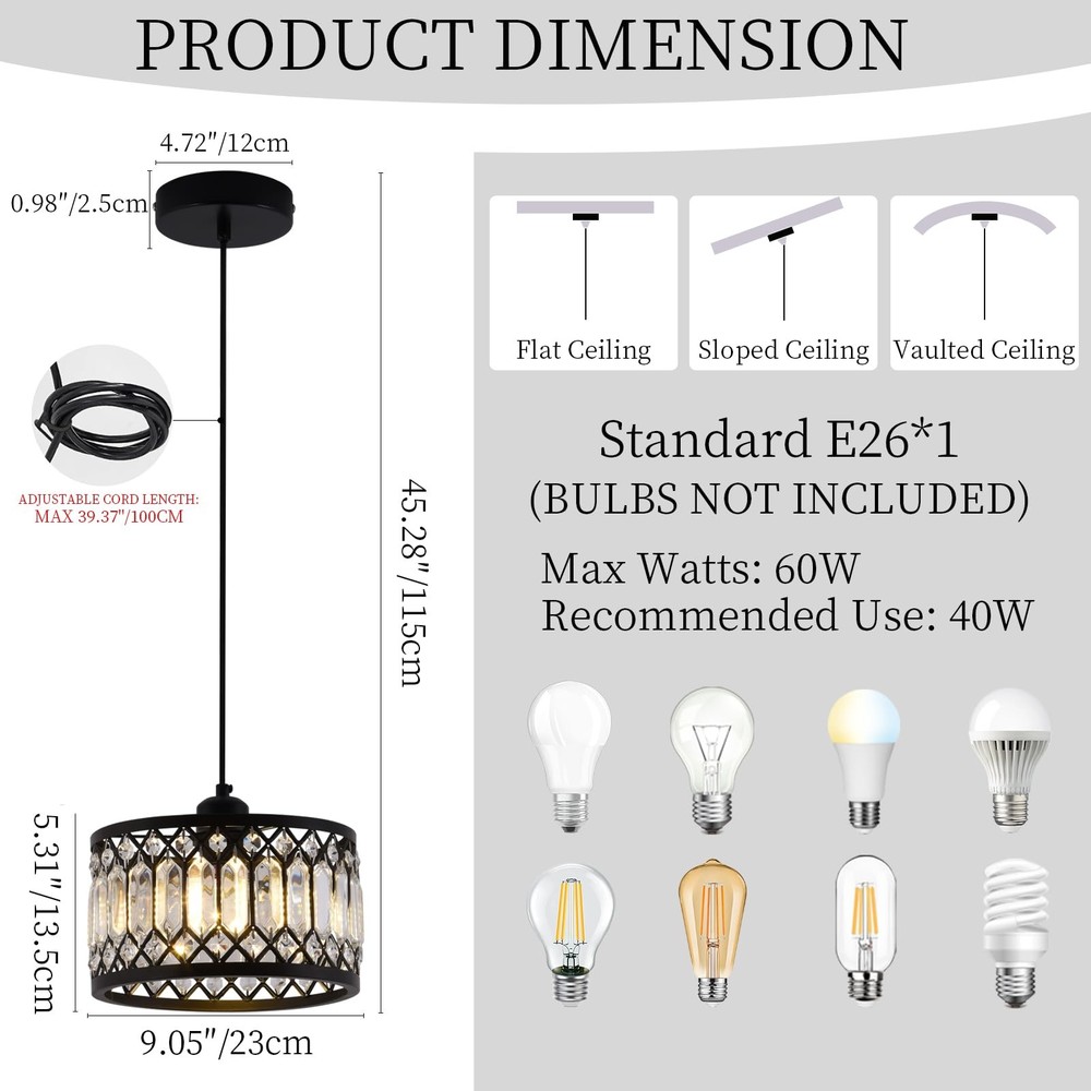 Crystal Black Pendant Light Fixture, Modern Hanging Ceiling Light Adjustable ...