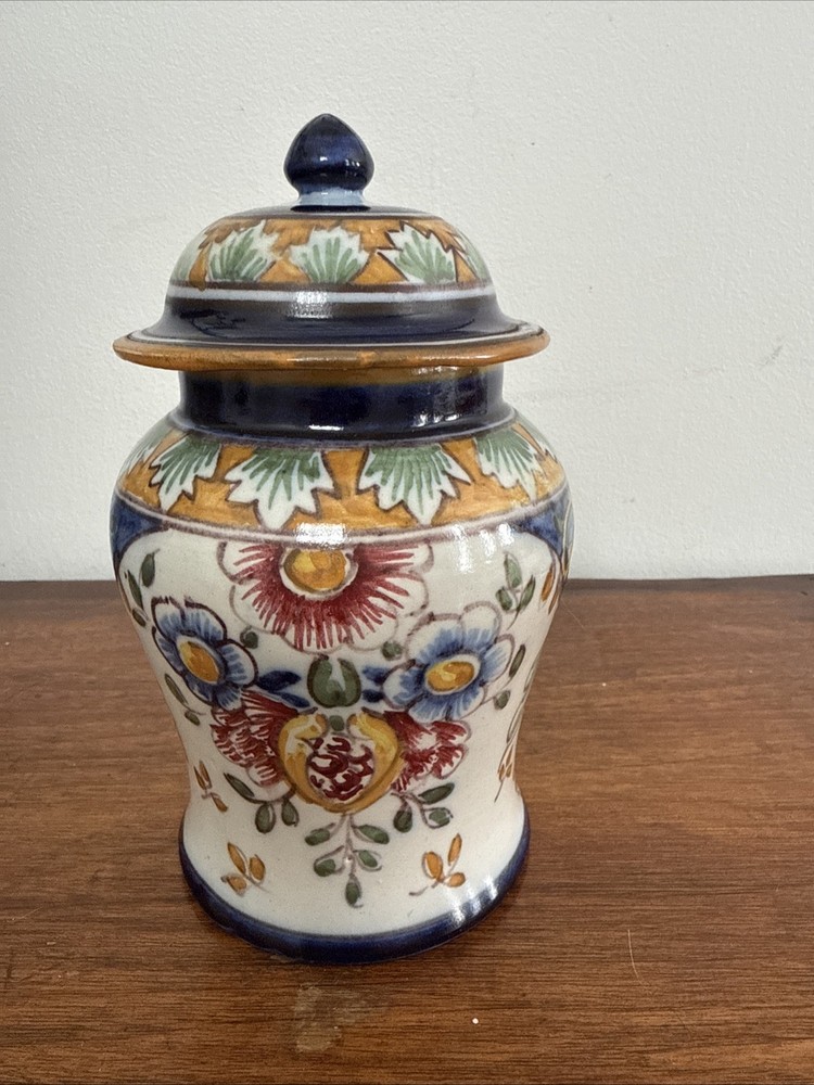 HAND PAINTED  Multi Colored Ginger Jar WITH LID  Signed Vintage
