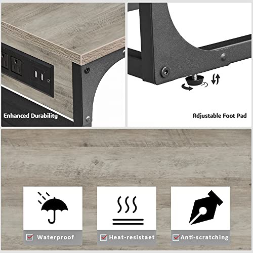 C Shaped End Table with Charging Station, Side Table for Sofa, Couch 2 Greige