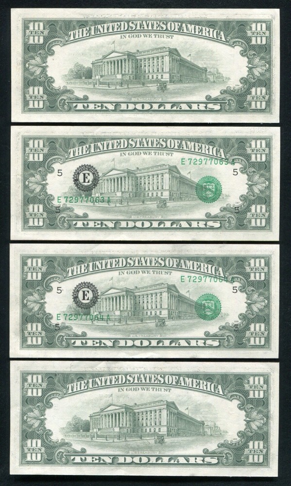 (4) CONSECUTIVE 1981 $10 FRN’S “OVERPRINT ON BACK ERRORS” GEM UNCIRCULATED