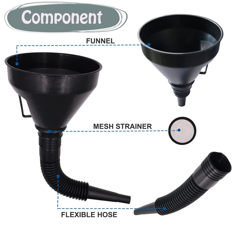 Flexible Plastic Funnel Set | 5 Pack | Large Funnels with Long Hose | Multi Use