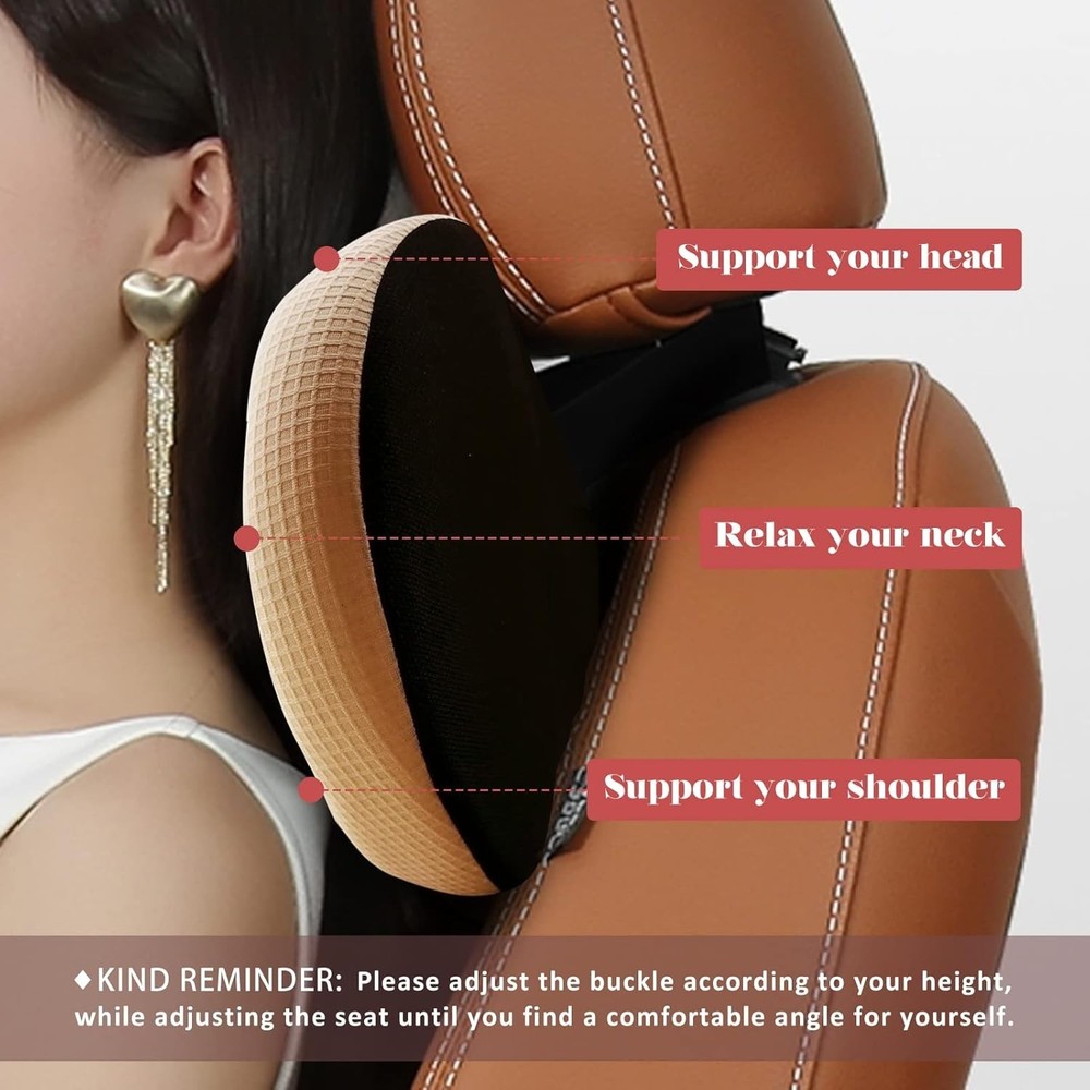 Super Comfy Car Headrest Pillow Memory Foam Adjustable Neck Support Beige