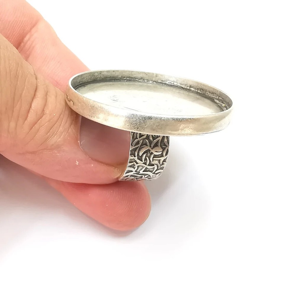 Round Antique Silver Ring Blank Setting, Cabochon Mounting, Adjustable Resin