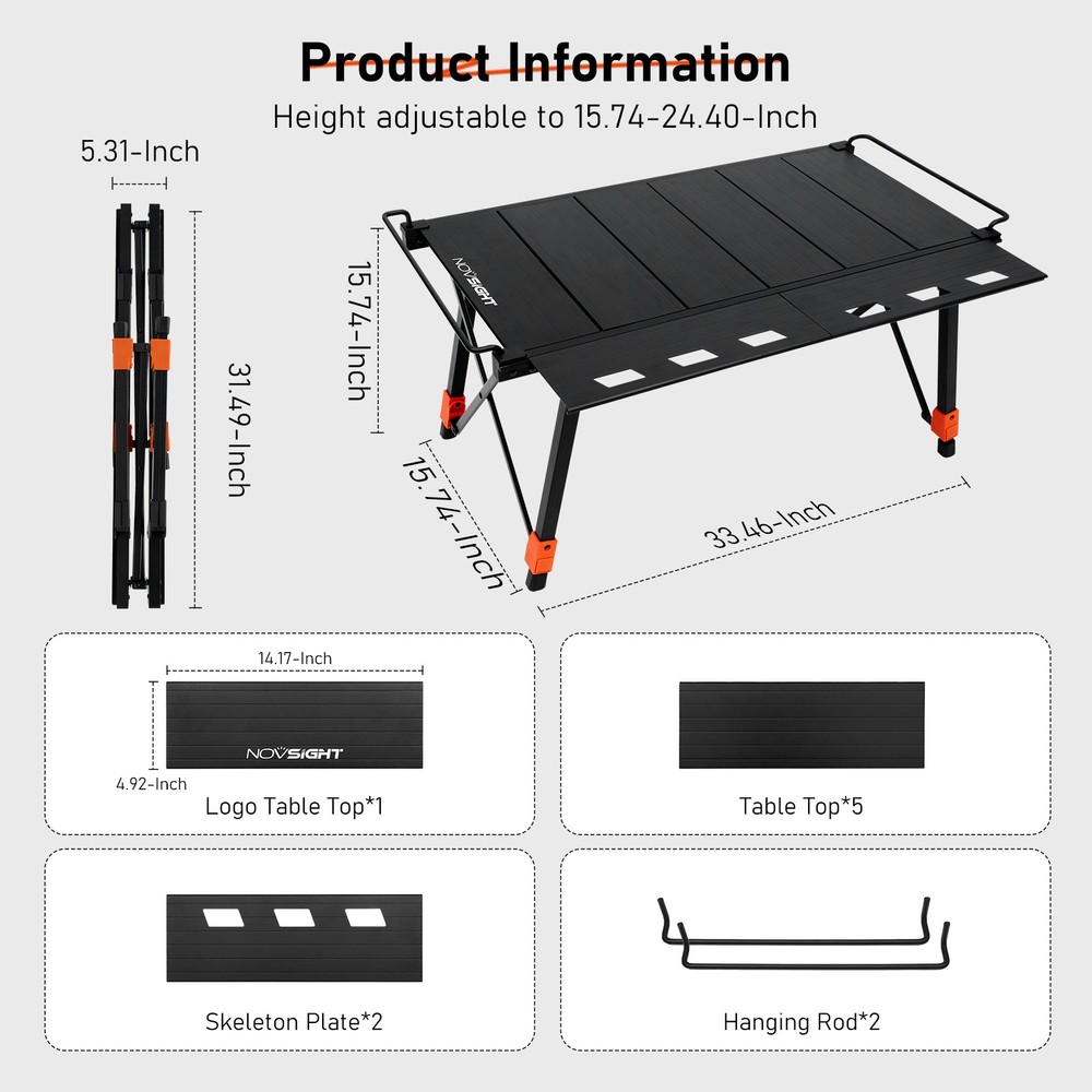 NOVSIGHT Portable Camping Table Adjustable Height Folding Roll Up Tabletop w/Bag