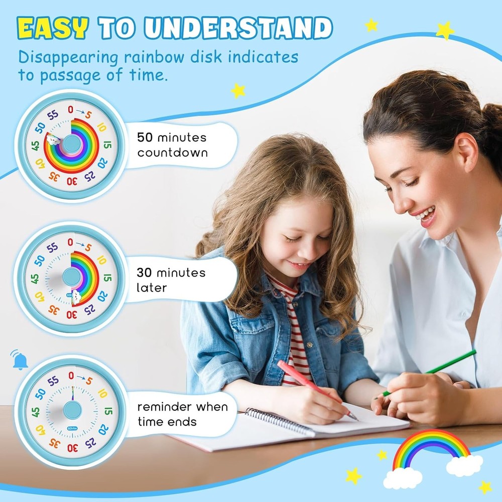 Rainbow Visual Timer for Kids, 60 Minute Silent Countdown Clock with Color Disk,
