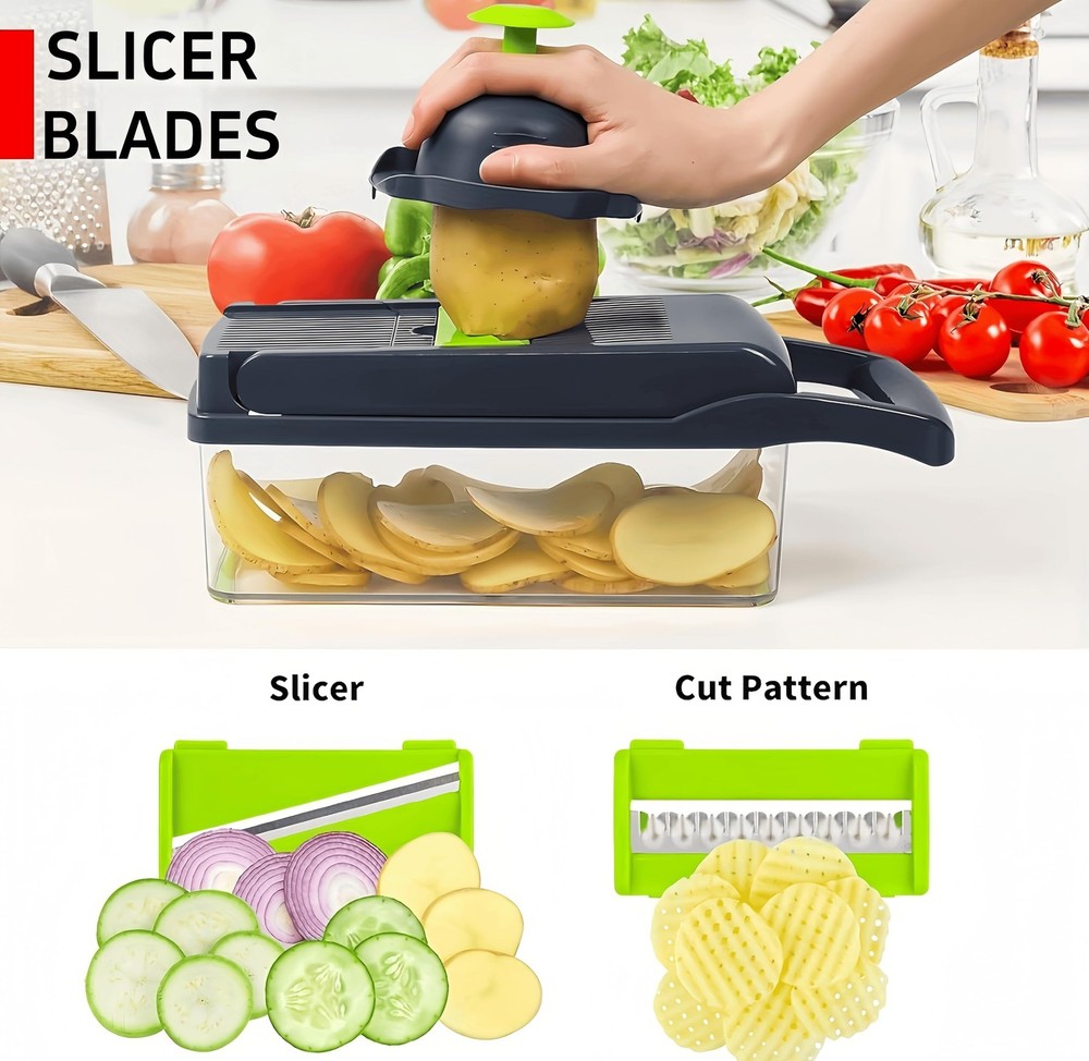 Vegetable Chopper, 7-in-1 Multifunctional Kitchen Slicer & Dicer with 7 Inter...