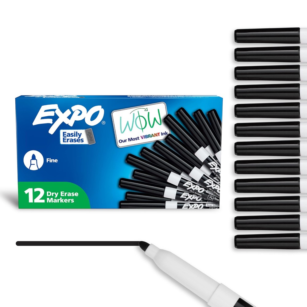 Low Odor Dry Erase Markers Fine Tip Black 12 Pack