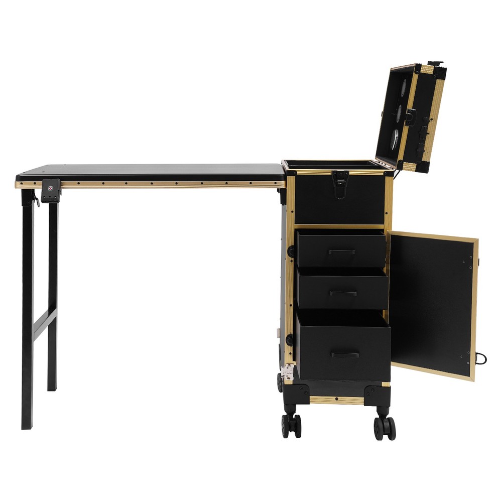 Rolling Makeup Case with Mirror Light Bluetooth Speaker Black Gold Trim Lockable