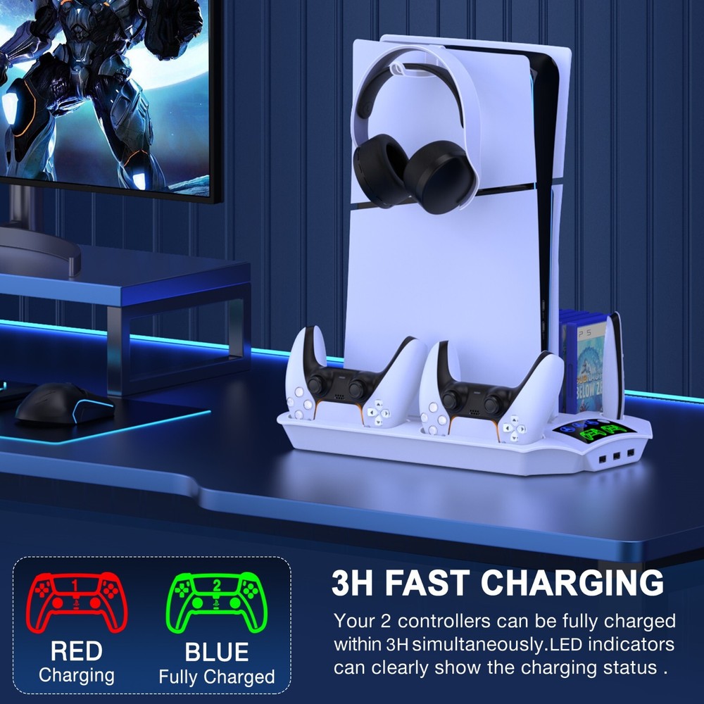PS5 Slim Stand Cooling Station PS5 Controller Charging Station for PS5 Disc/Digi