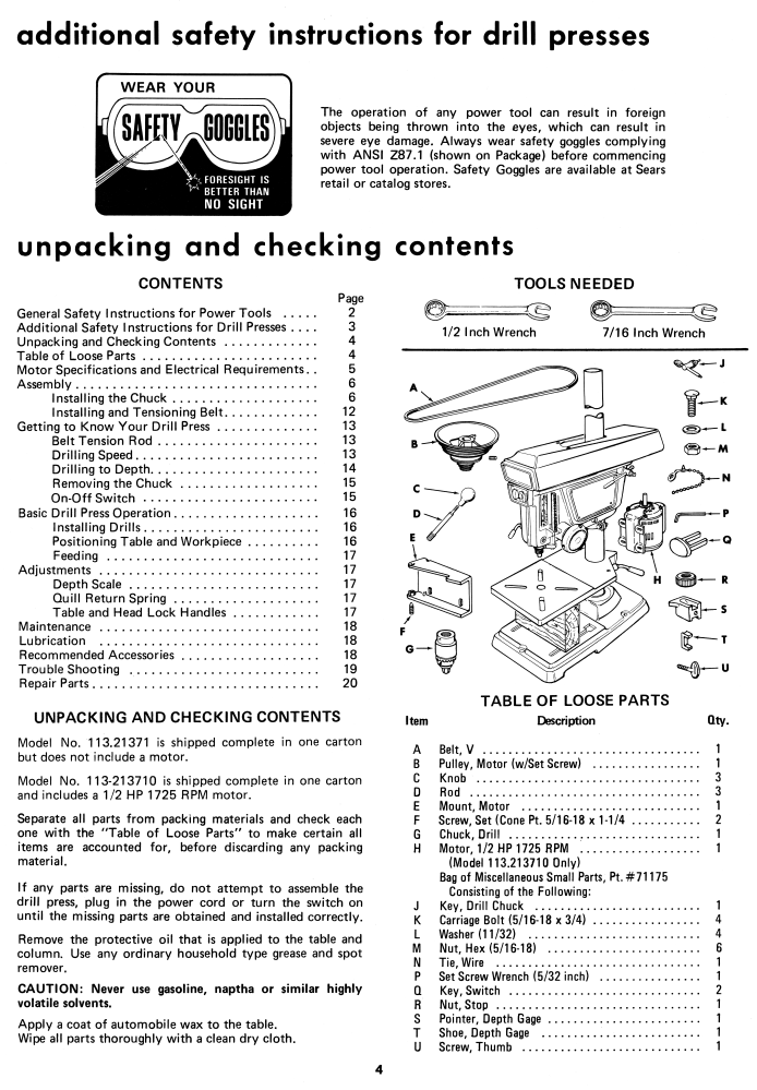 CRAFTSMAN 113.21371 & 113.213710 Drill Press 15-1/2" Operator & Part Manual 0175