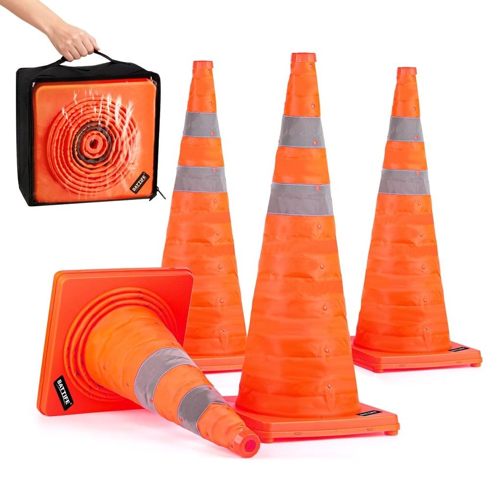 [4 Pack] 28 Inch Collapsible Traffic Safety Orange Cones, Multi Purpose Pop-u...