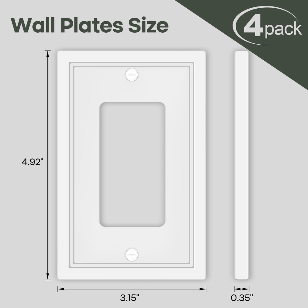 4 Pack Single Decorator Switch Cover Plate White Classic Decorative Decorator...