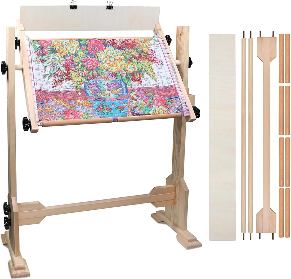 Needlework Table and Adjustable Embroidery Stand, Cross Stitch Hoop Stand, Beech