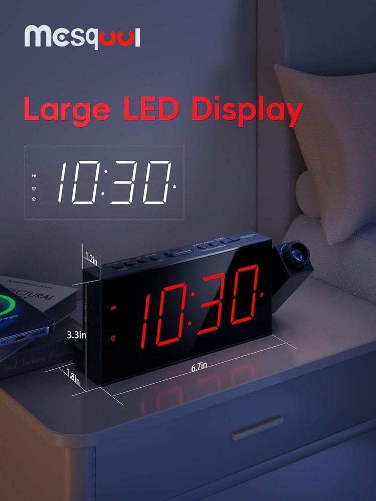 Projection Alarm Clock with 180° Rotatable Projector & USB Charger, Retro Style