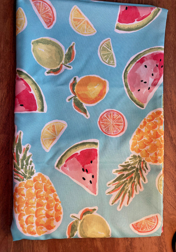 Large Summer Tablecoth, Blue w/Fruits, Polyester, 102"L x 98"