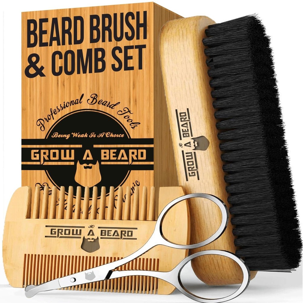 Beard Brush For Men & Beard & Mustache Comb Set with Scissors, Beard Grooming...