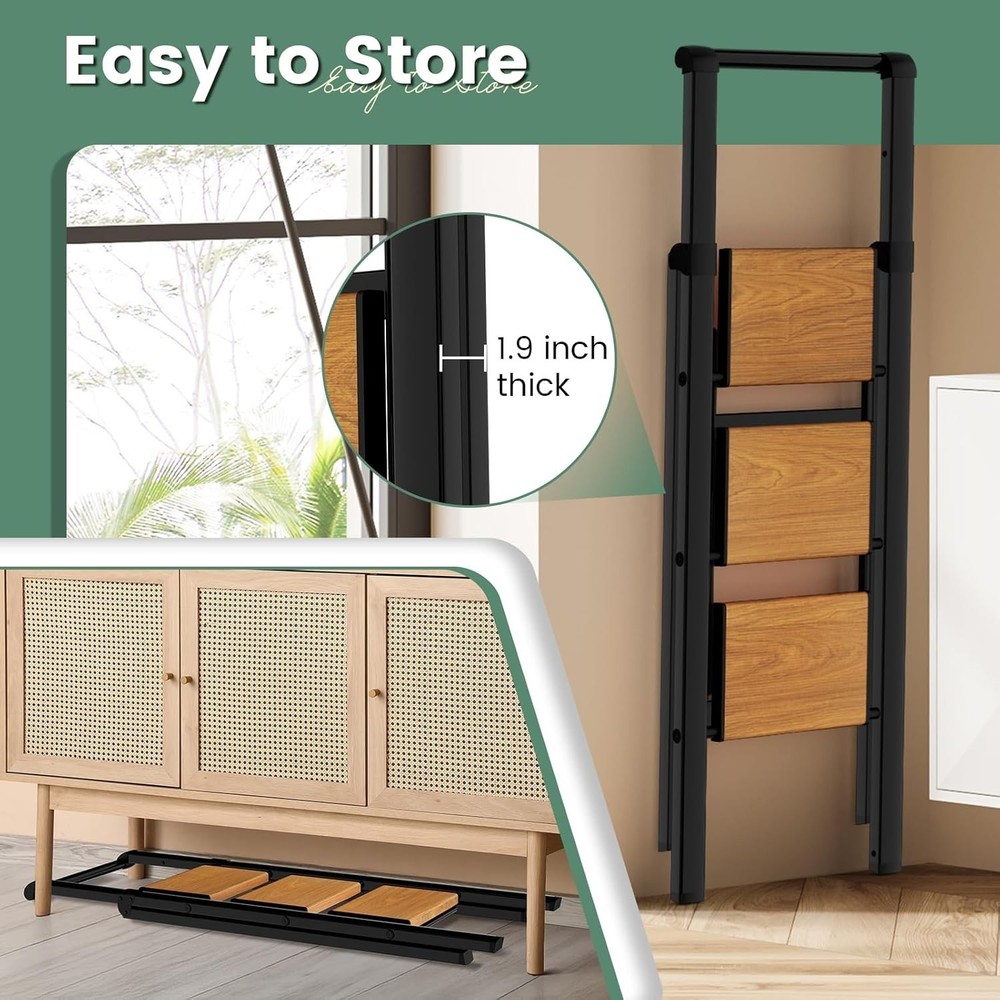 3 Step Ladder Folding Step Stool with Handle, Kitchen Step Stool for Adults, ...