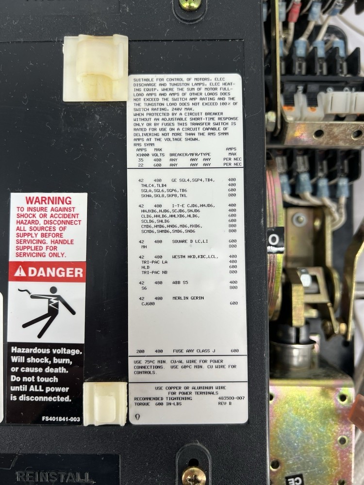 ASCO E7ADTSA3400N5C Automatic Transfer Switch, 7000 Series, 400A, 480V, 60Hz