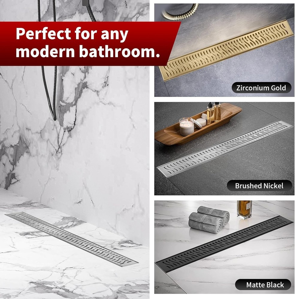 28 inch Linear Shower Drain, Brushed Rectangular Floor Drain, V-Shape Design