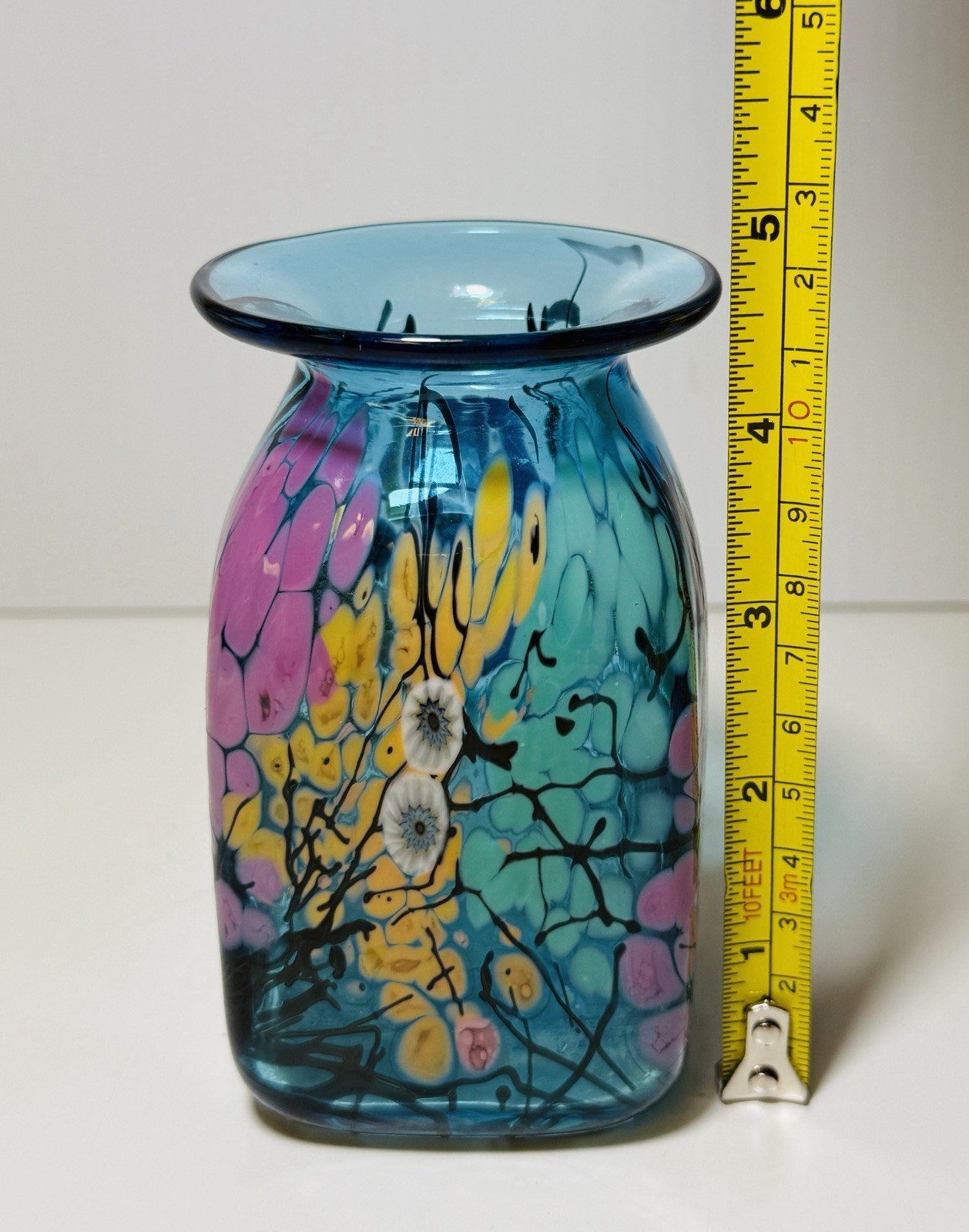 Herb A. Thomas Art Glass Hand Blown Blue Millefiori Floral Vase Signed HAT 4.5”