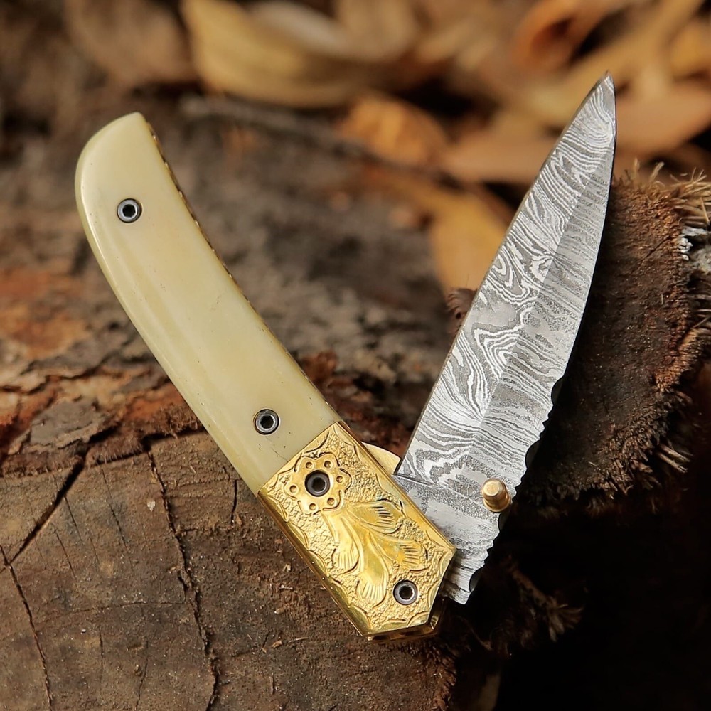 Custom Handmade Folding Blade Knife (Camel Bone Handle)