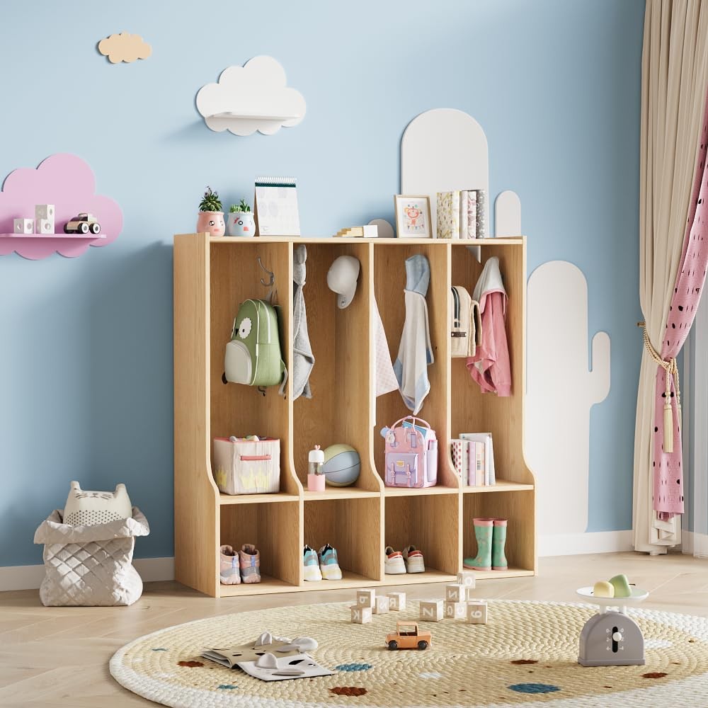 4-Section Classroom Coat Locker 4 Cubbies 8 Hooks Natural Oak for Home School