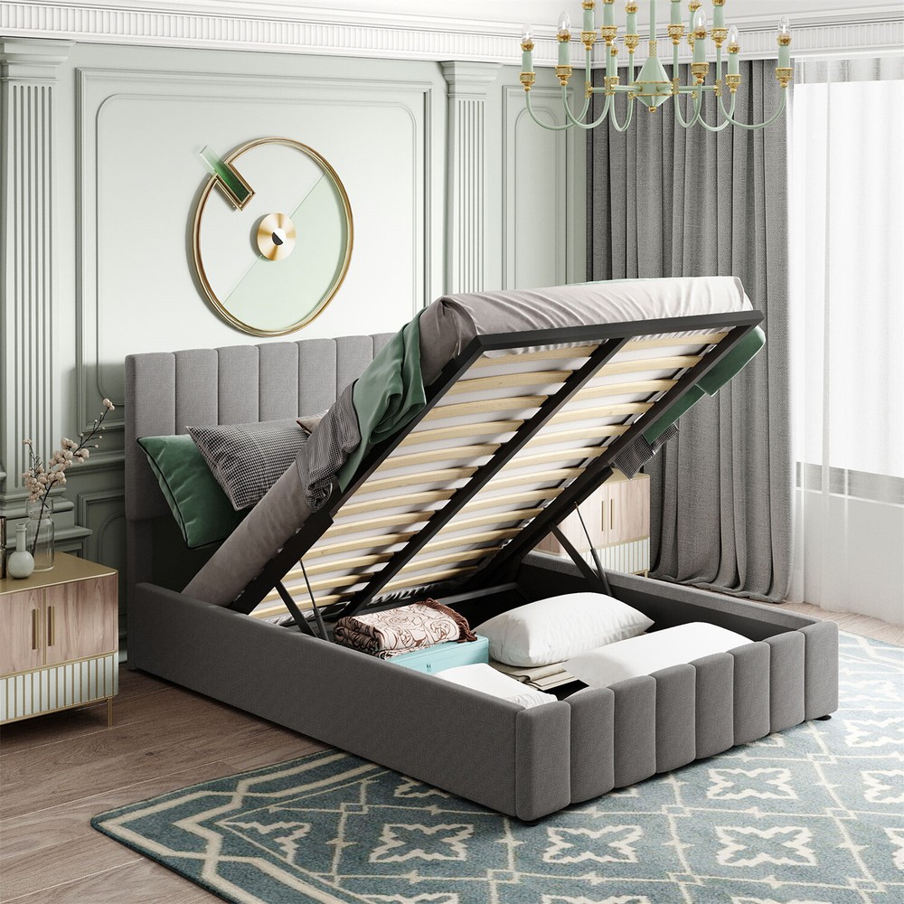 Full Size Upholstered Platform Bed Frame w/ Hydraulic Storage System Gray New