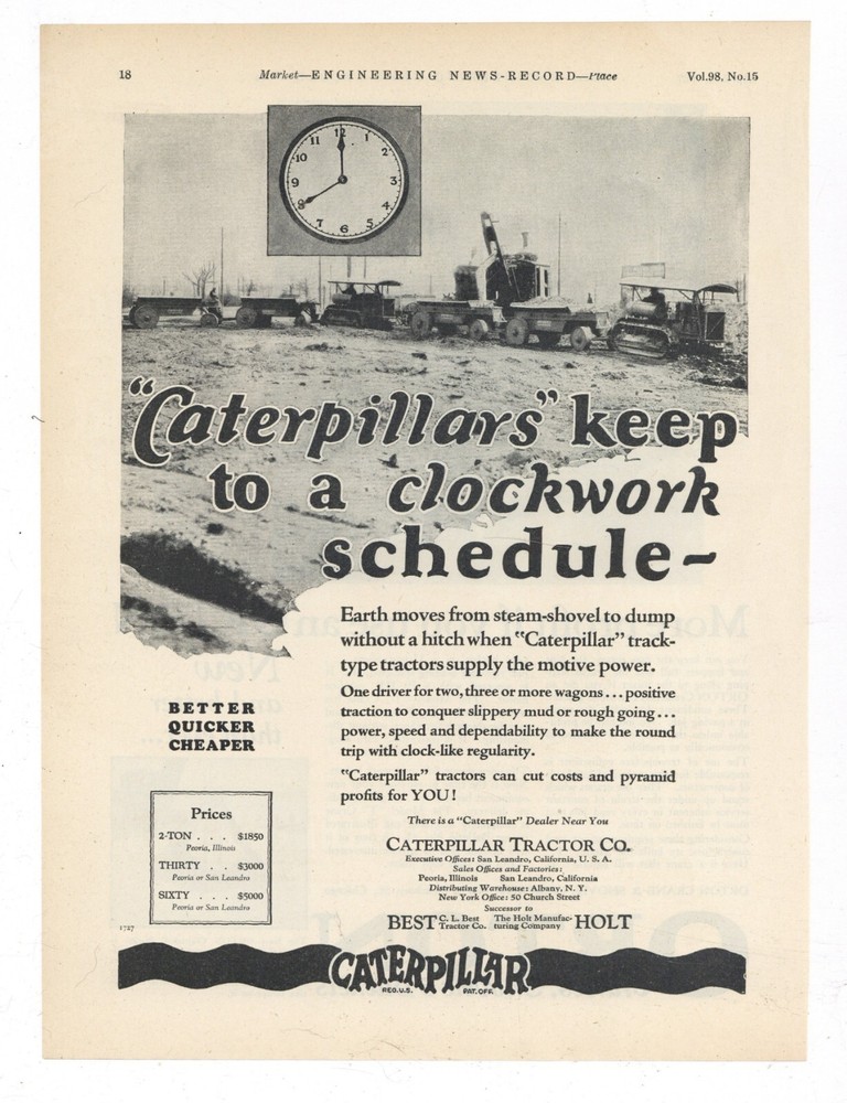 1927 Caterpillar Tractor Ad: Better, Quicker, Cheaper - Clockwork Schedule