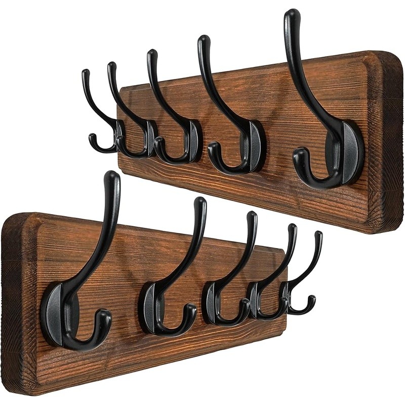 Solid Wood Wall Mounted Coat Rack W/ 5 Long Hooks Entryway Mudroom Storage New