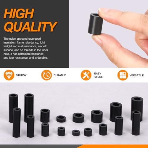 270Pcs 18 Sizes M3 M4 M5 M6 Nylon Round Spacer Standoff Assortment Kit Black