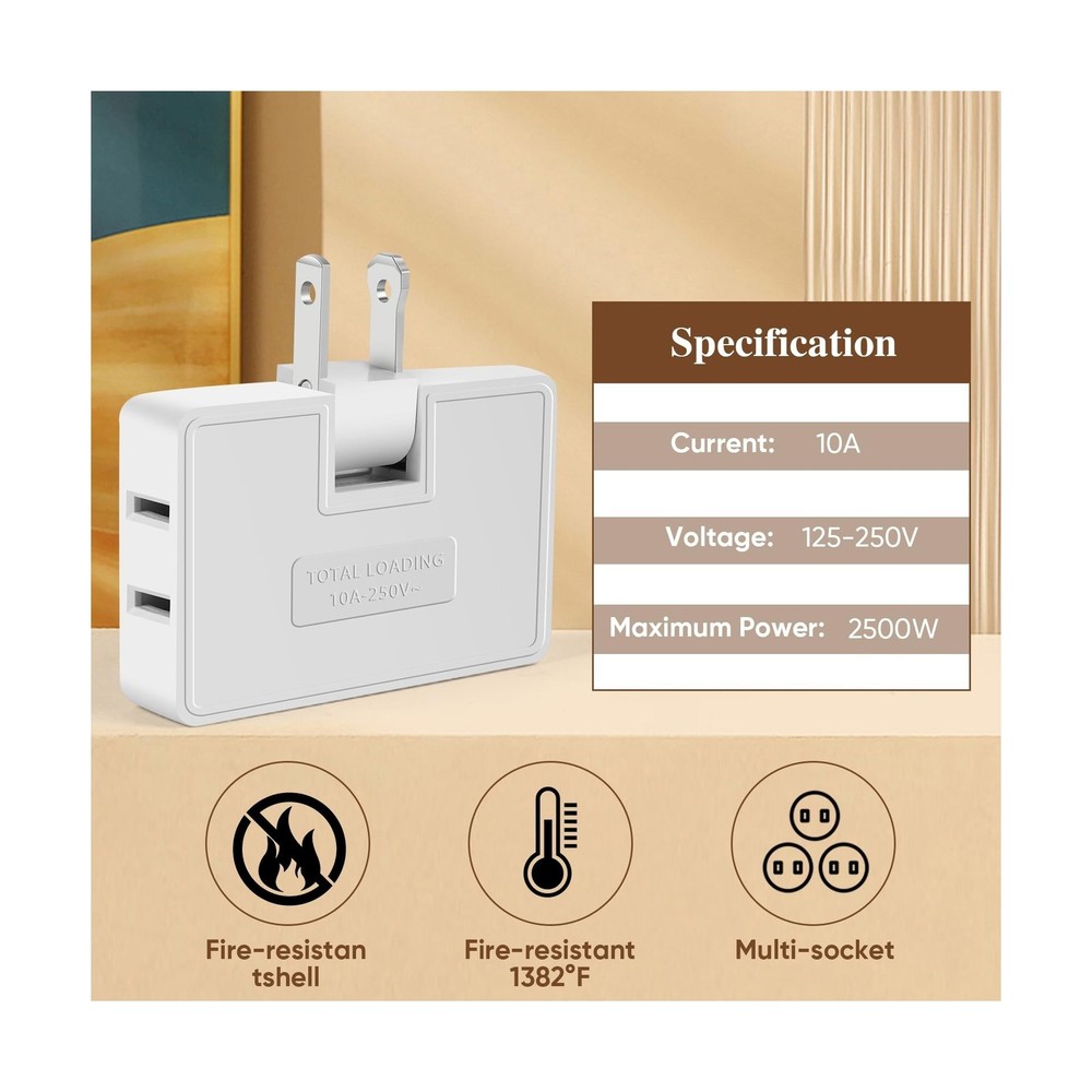 3 Way Flat Wall Outlet Extender Adapter- 4 Pack 180 Degrees Rotatable Flat Pl...