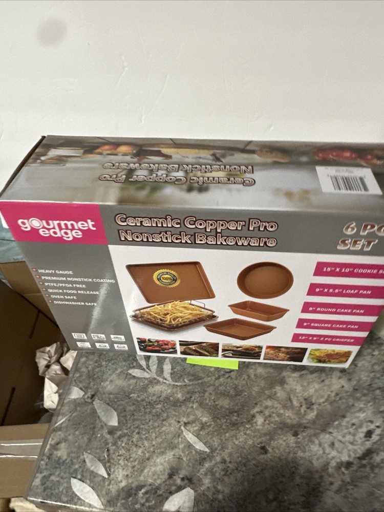 Gourmet Edge Copper Ceramic Nonstick Bakeware 6 Pc Set Cookie Sheet Cake Crisper
