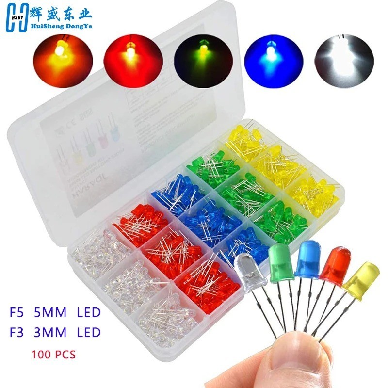100pc 3mm 5mm LED Light Blue Red Green White Yellow Purple Orange Light DIY Kit