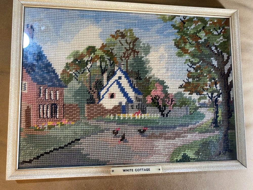 Vintage Needlepoint "White Cottage" - Framed