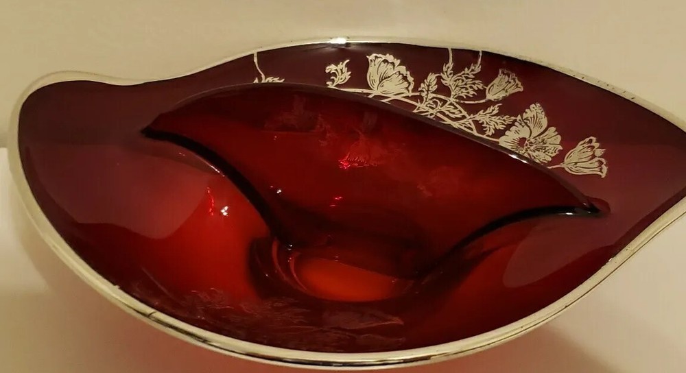 Vintage SILVER CITY Flanders Ruby Red Divided Dish Silver Overlay
