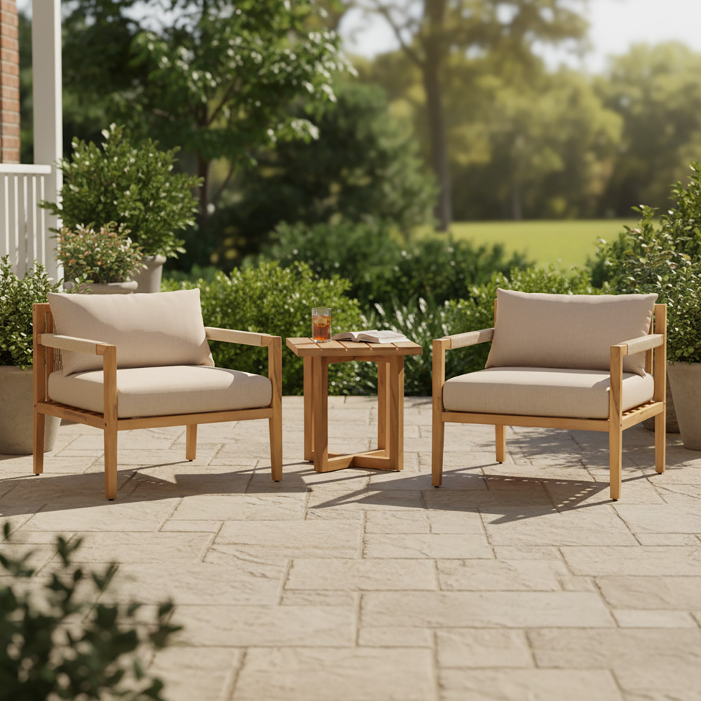 Acacia Wood Rope Chair Patio Set with Table & Beige Cushions