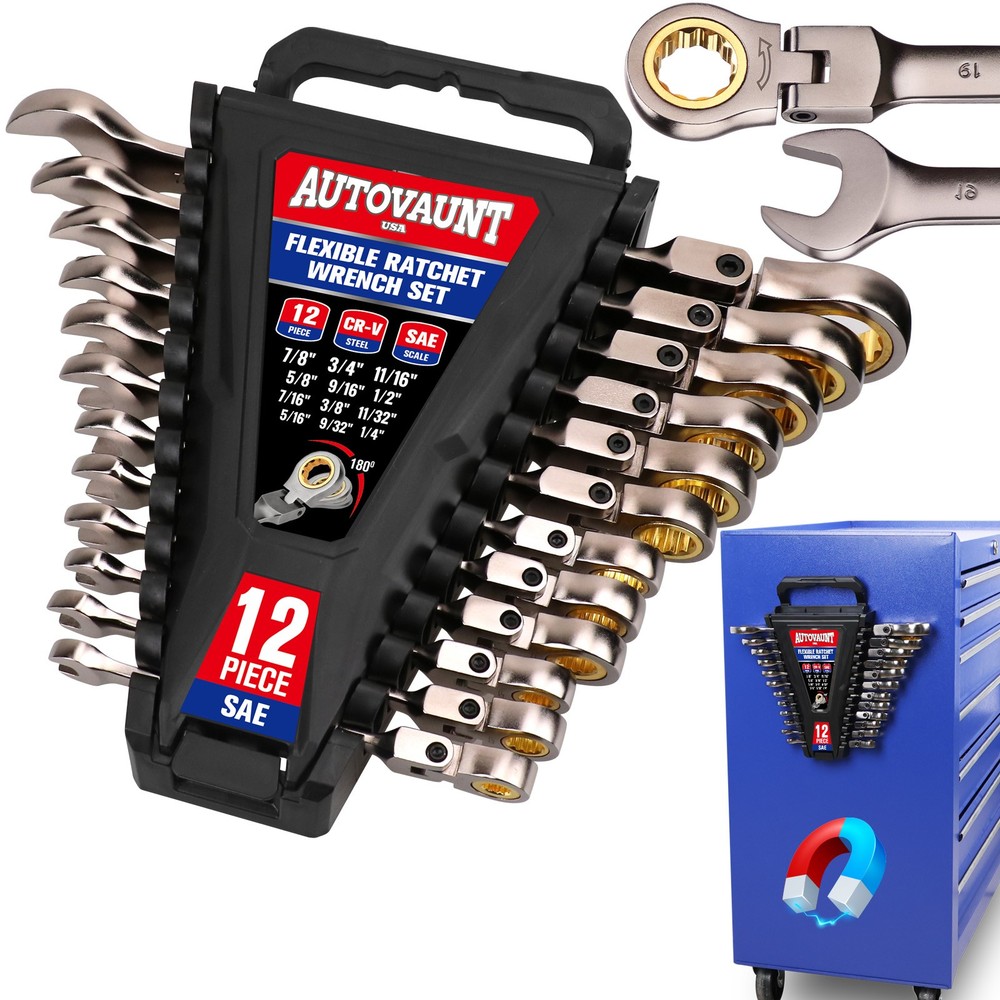 12PC Flex-Head Ratcheting Wrench Set Set with Organizer SAE Combination Spanner